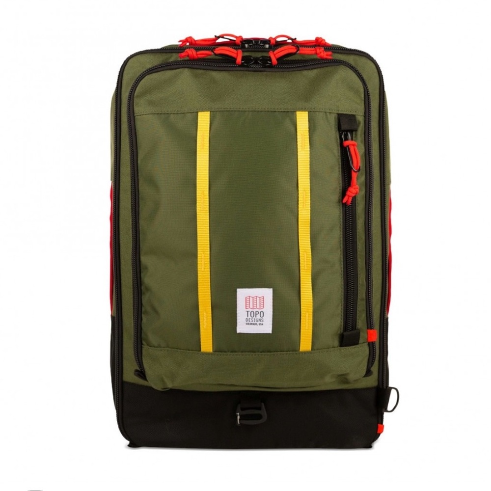 Topo Designs Olive and Black Backpack with Red Accents